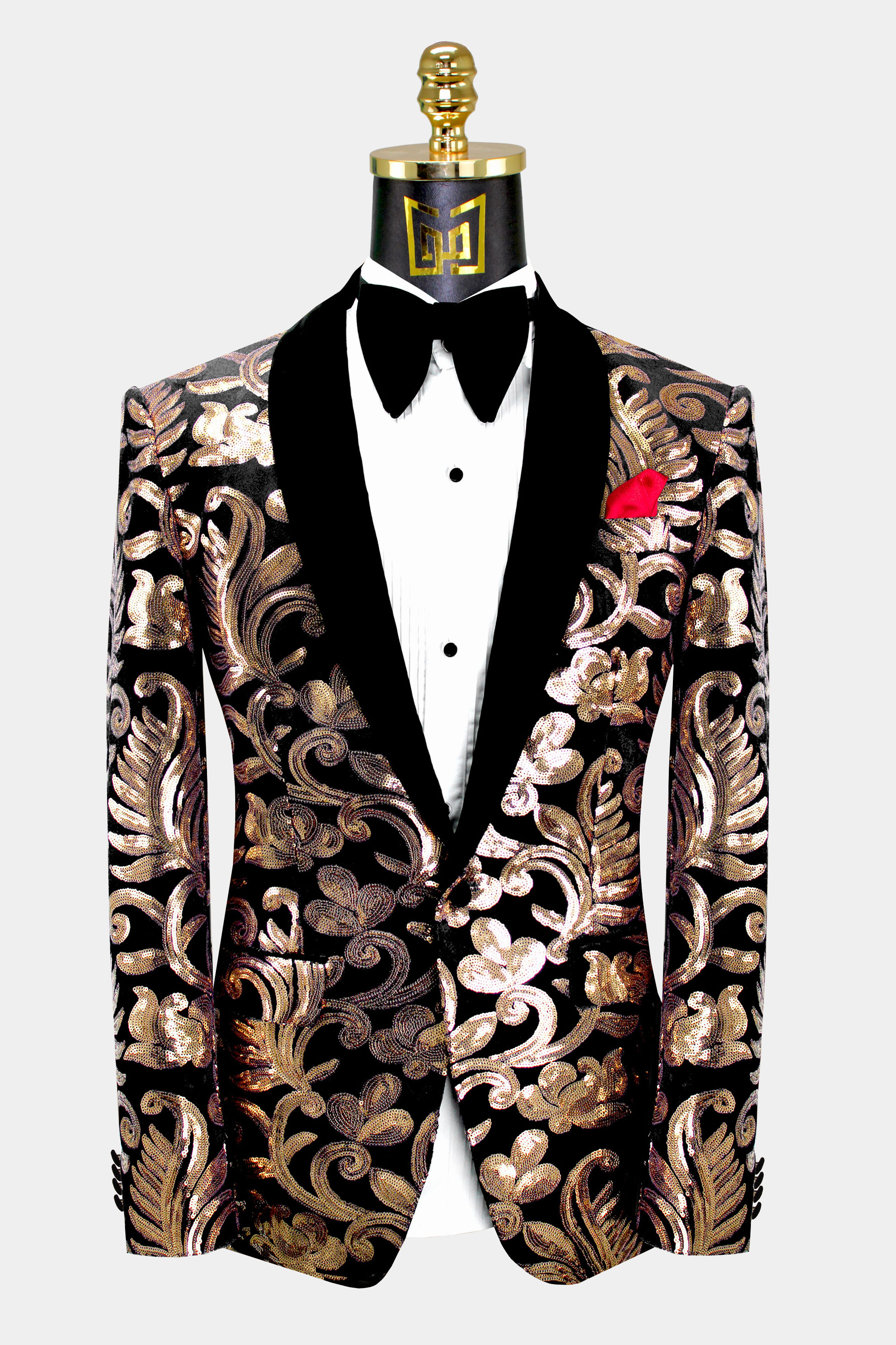 2020 Elegant Fashion Black Gold Floral Men Suits Piece Groom Suit ...