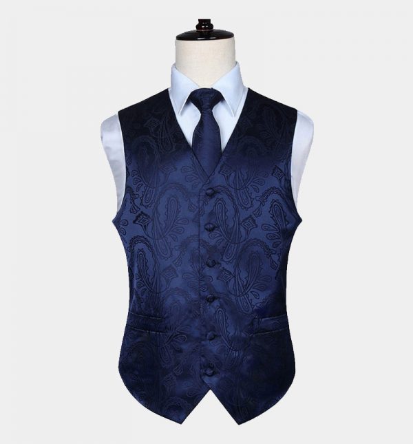 Navy Blue Paisley Waistcoat And Tie Set - Gentleman's Guru
