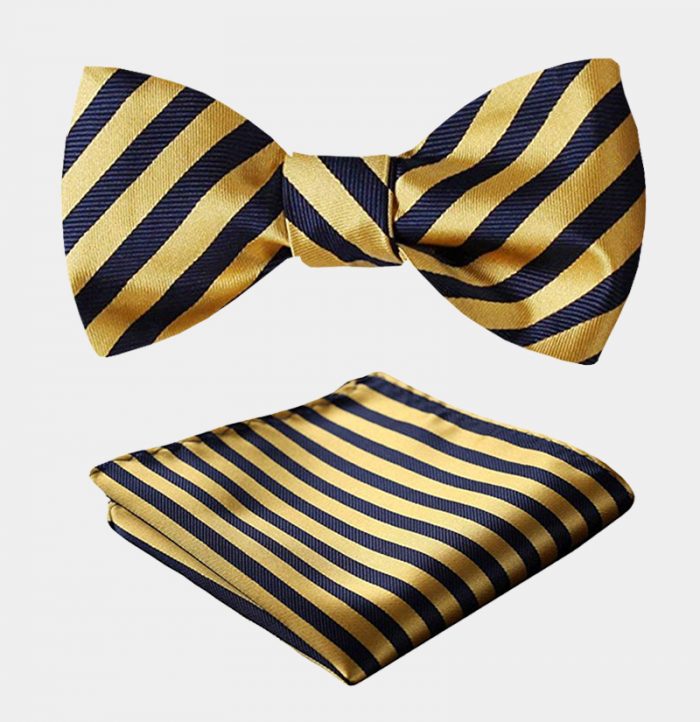 Blue And Gold Striped Bow Tie Set - Gentleman's Guru