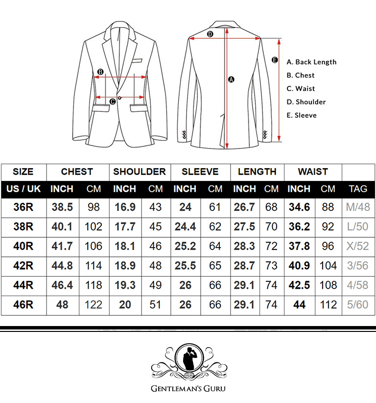 Size Chart For Men's Blazer