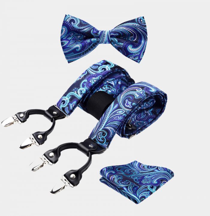 Blue Paisley Bow Tie And Suspenders Set from Gentlemansguru.com