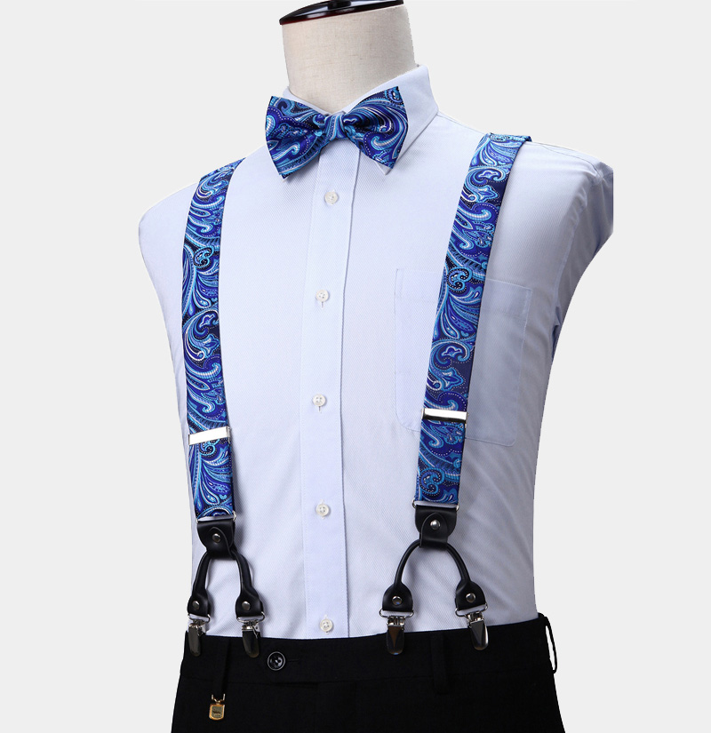 Aqua Blue Paisley Bow Tie & Suspenders Set