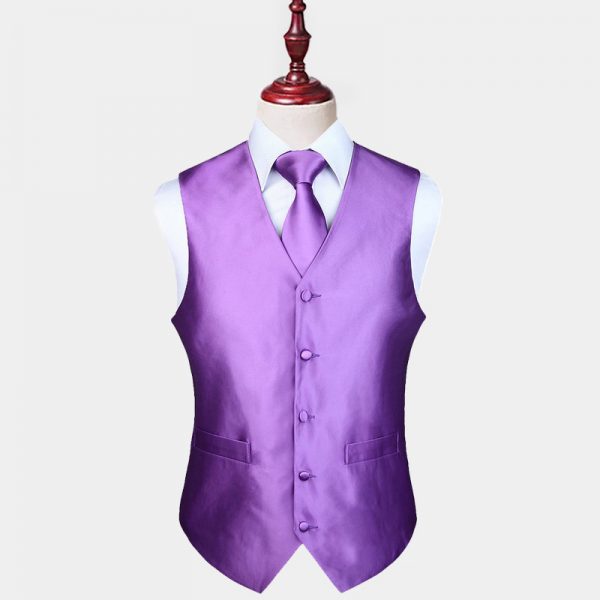 purple shirt grey vest