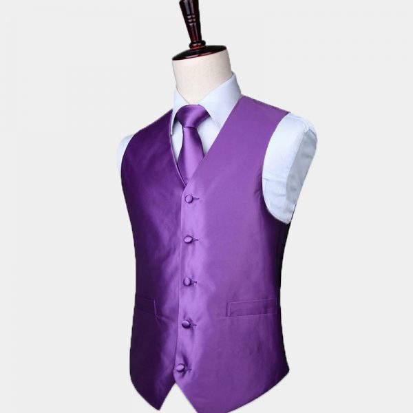 purple shirt grey vest