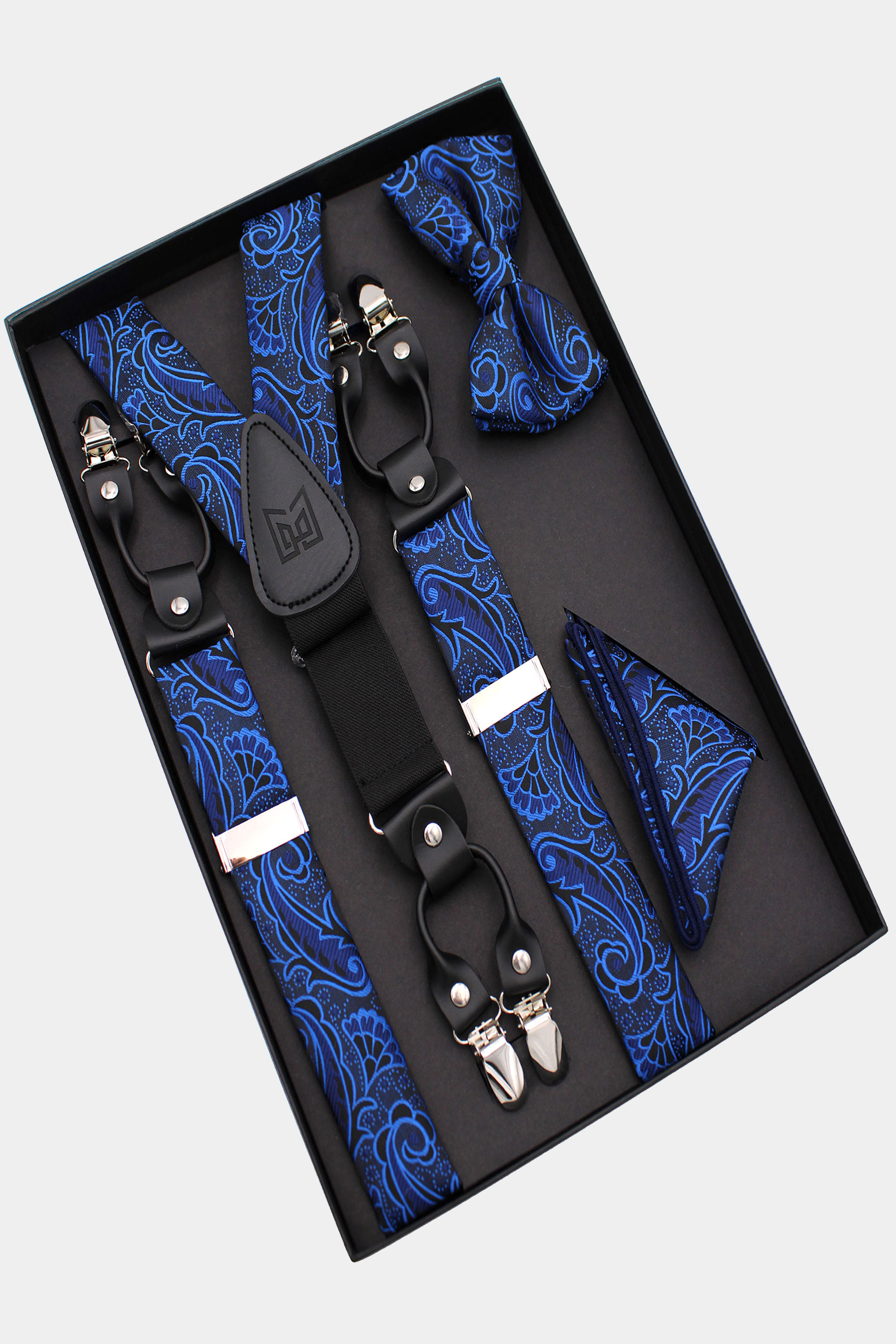 Navy Blue & Silver Paisley Suspenders with Matching Silk Bow Tie Set -  Vavra's Menswear