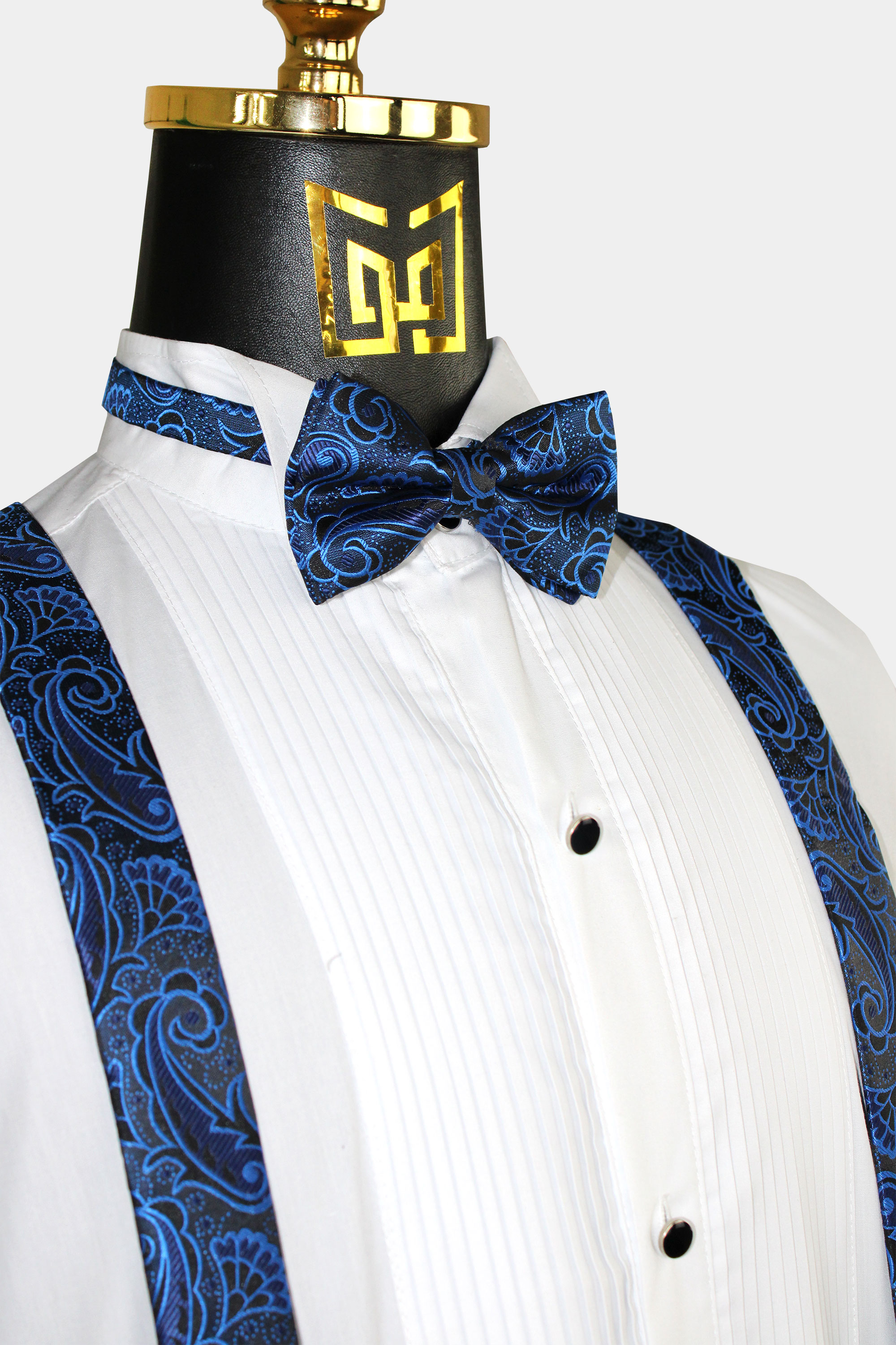 Royal Blue Paisley Bow Tie and Suspenders Set