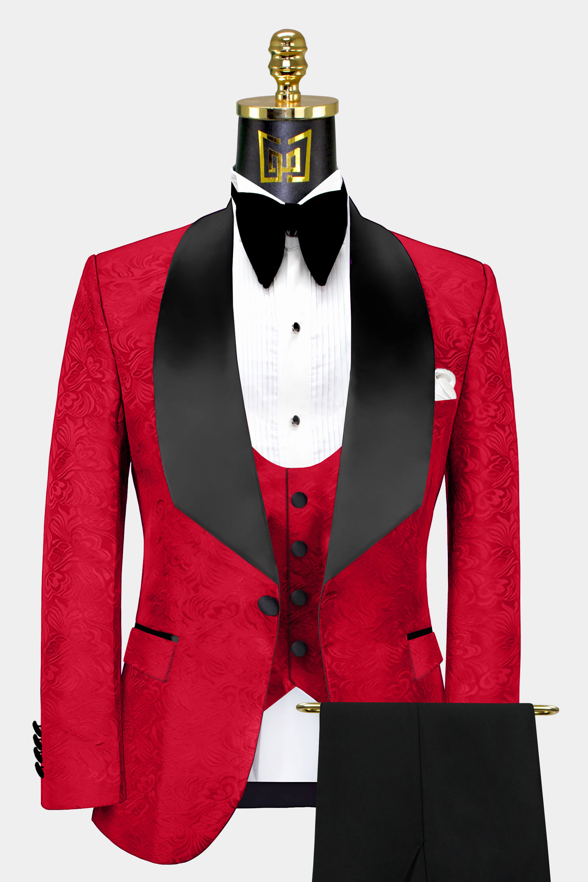 Bright Red Floral Silk Mens Waistcaot V-Neck Pockets Vest Suit Bowtie  Wedding