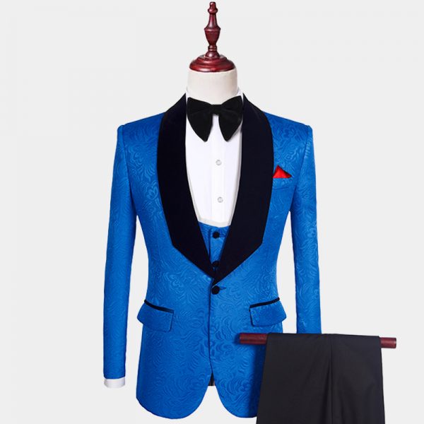 Blue Floral Tuxedo Jacket With Black Trim - Gentleman's Guru