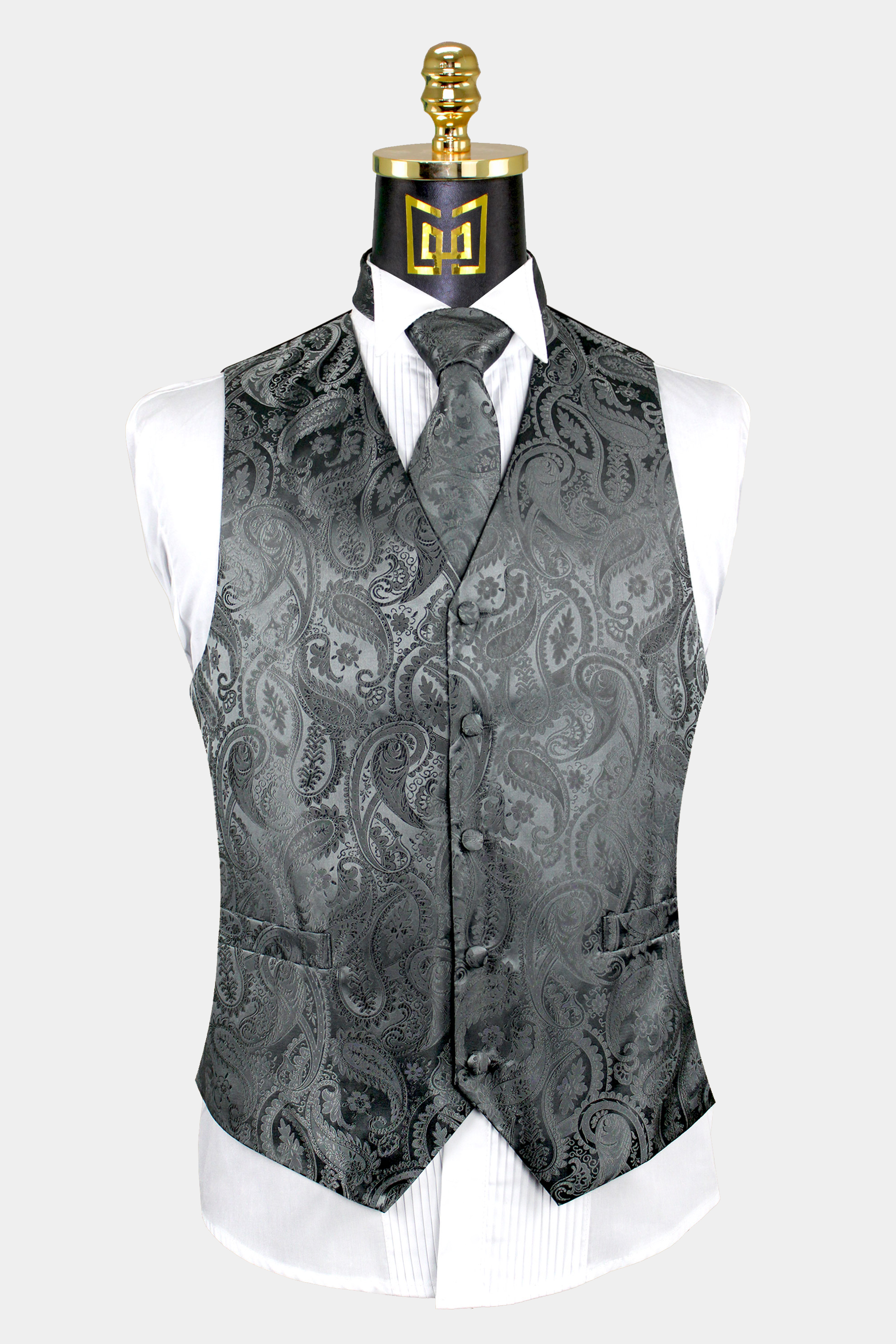 Men's Grey Paisley Silk Vest Necktie Pocket square Cufflinks - 3XL