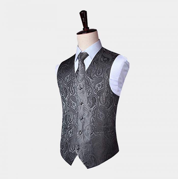 Grey Paisley Vest And Tie Set - Waistcoat Set - Gentleman's Guru