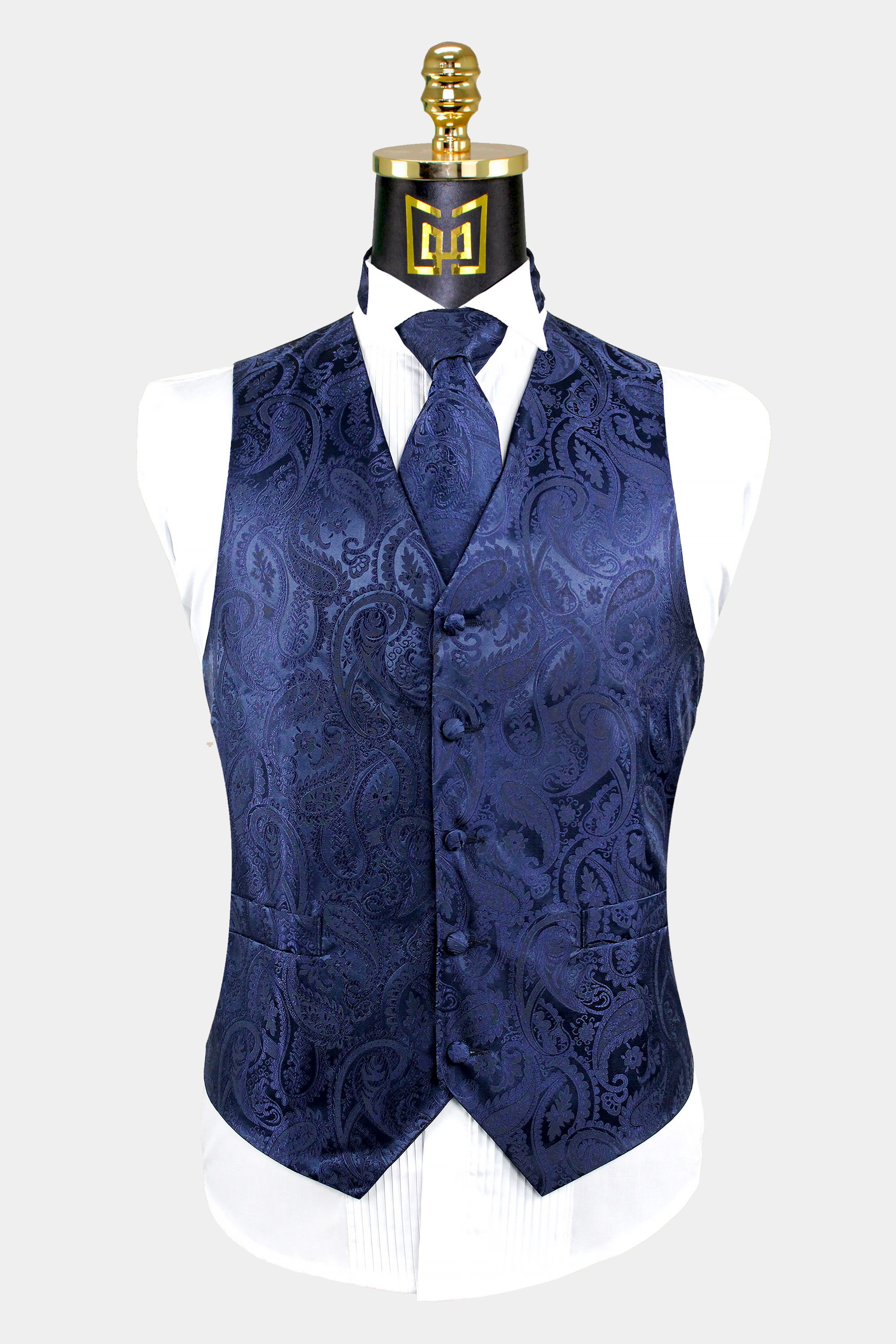 Mens Navy Blue Paisley Vest And Tie Set Groom Wedding Tuxedo Vest From Gentlemansguru.com  1 