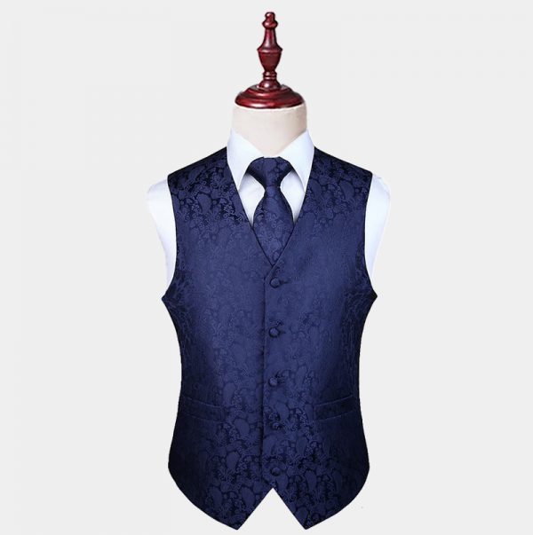 Navy Blue Paisley Waistcoat And Tie Set - Gentleman's Guru