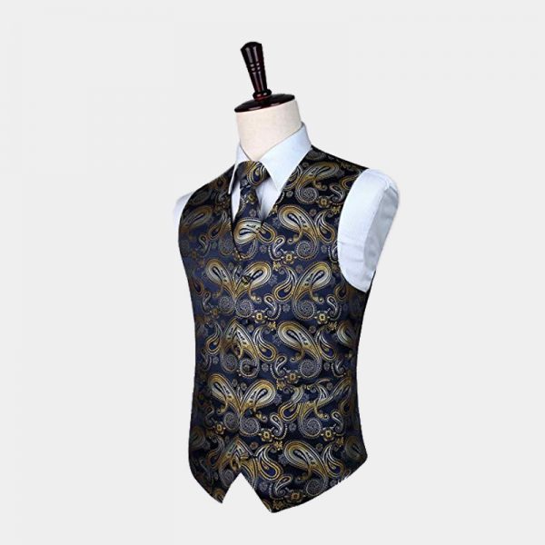 Navy Blue And Gold Paisley Vest Set - Gentleman's Guru