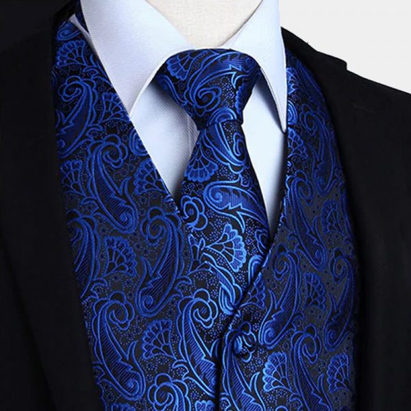 Royal Blue And Black Paisley Vest Set - Gentleman's Guru