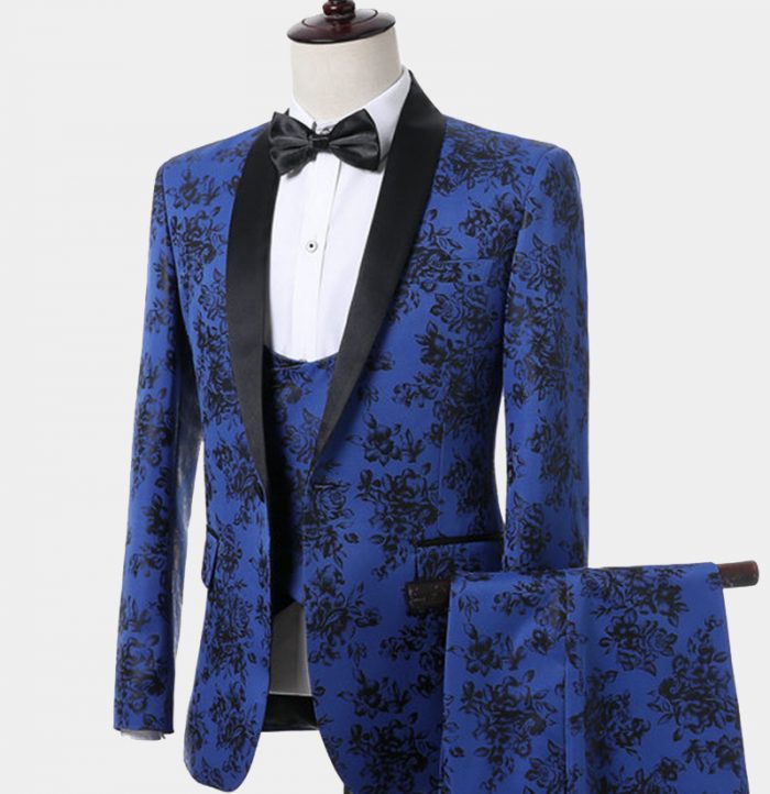 Blue And Black Tuxedo With Floral Print - Gentleman's Guru