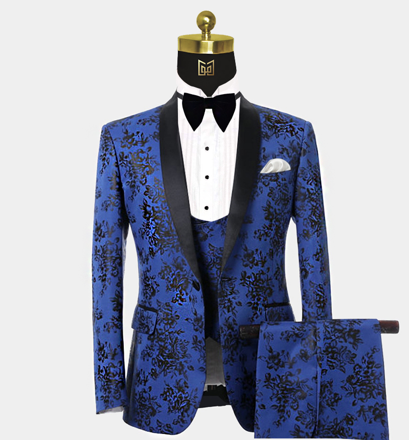Blue and Black Tuxedo w/ Floral Prints - Gentleman's Guru