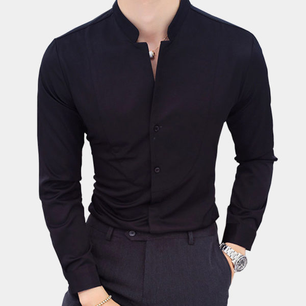 Men's Black Mandarin Collar Shirt - Gentleman's Guru™