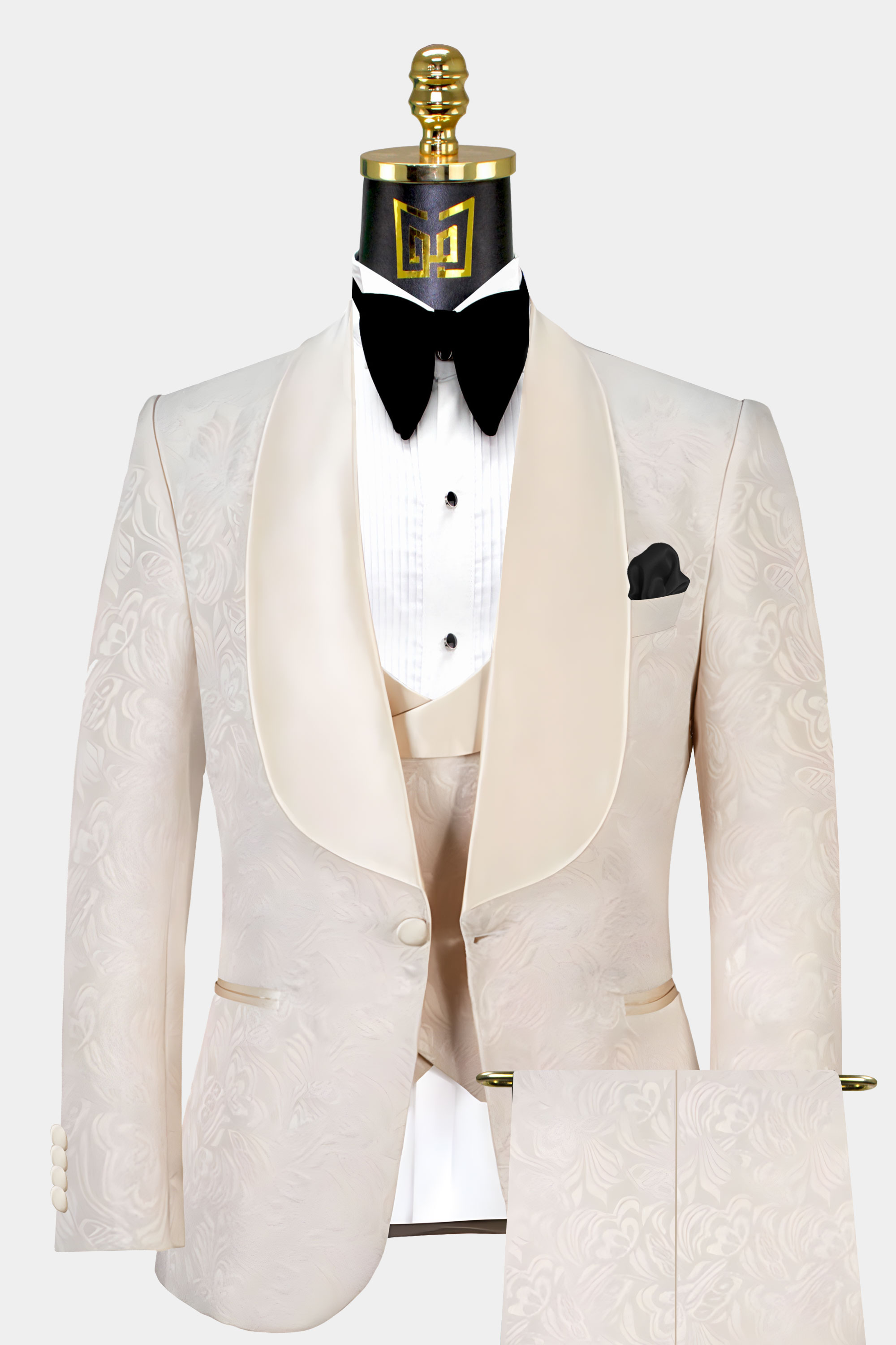 3 Piece Champagne Men Jacquard Paisley Floral Suit Prom Tuxedos Wedding Suit