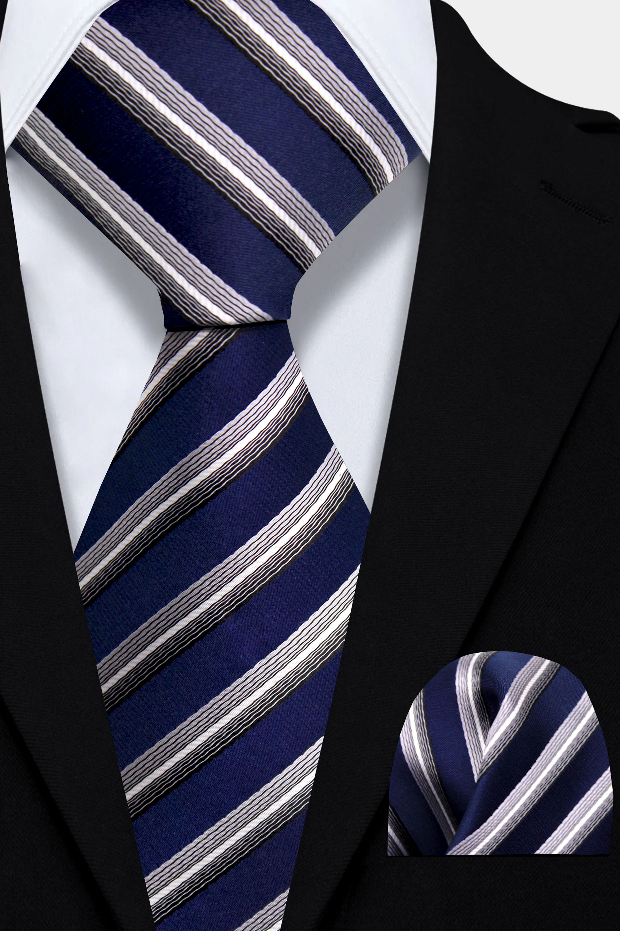 Navy Blue Striped Tie and Pocket Square Set | Gentleman's Guru