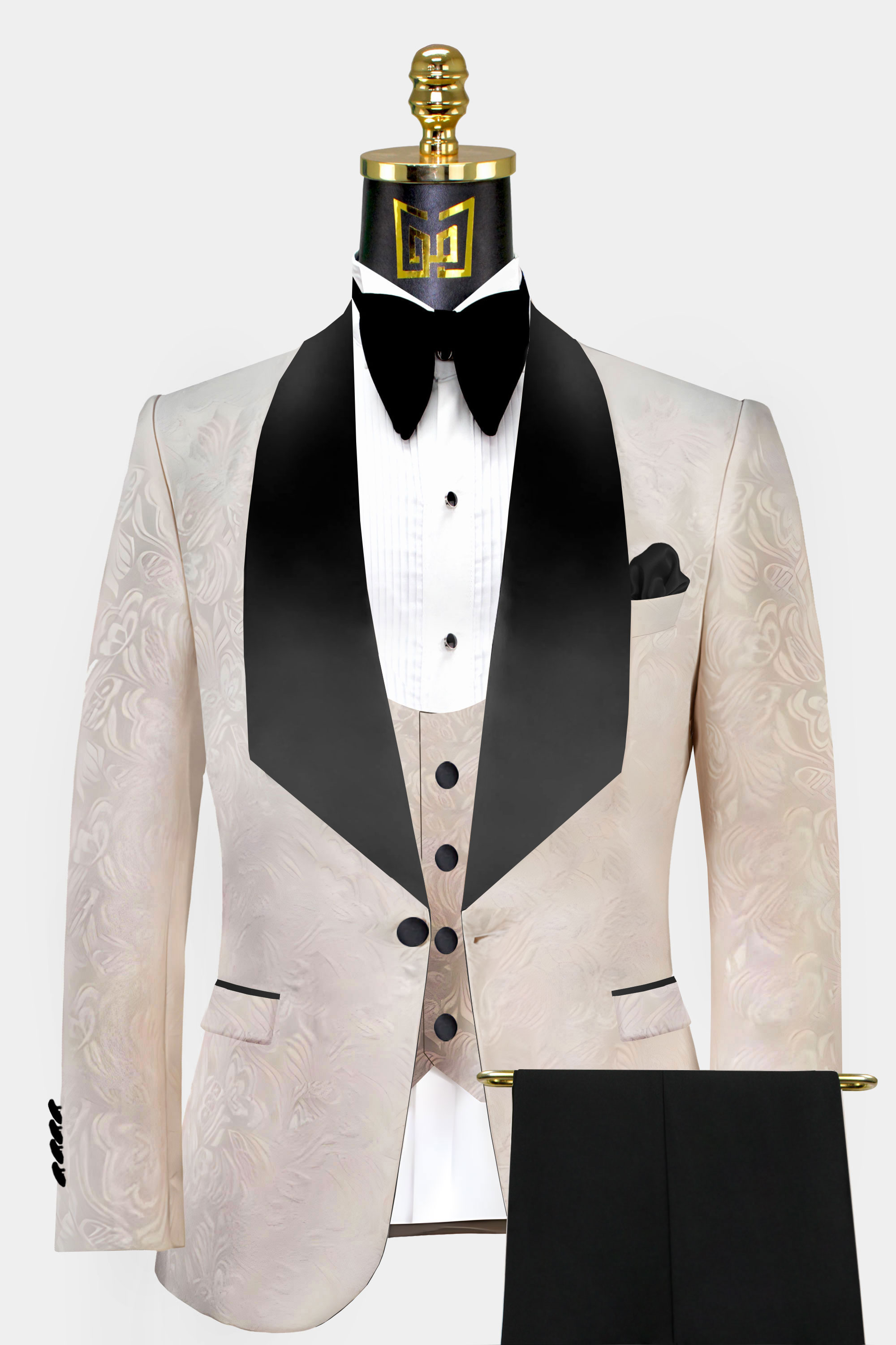 Jacquard Floral Suits for Men Wedding Black Gold Jacket Black Pant