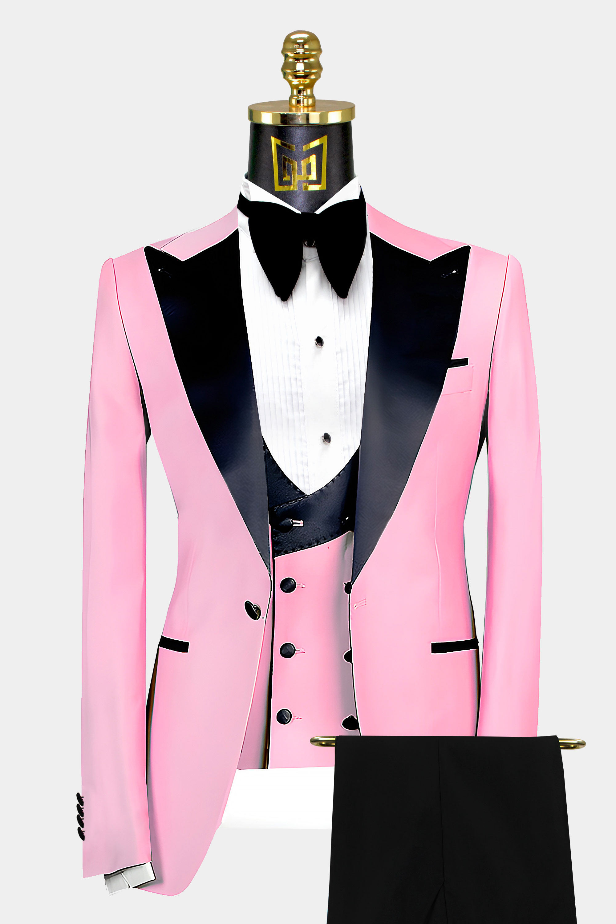 Men Slim Fit Suit Pink Jacket Black Pants Party Prom Groom Tuxedos